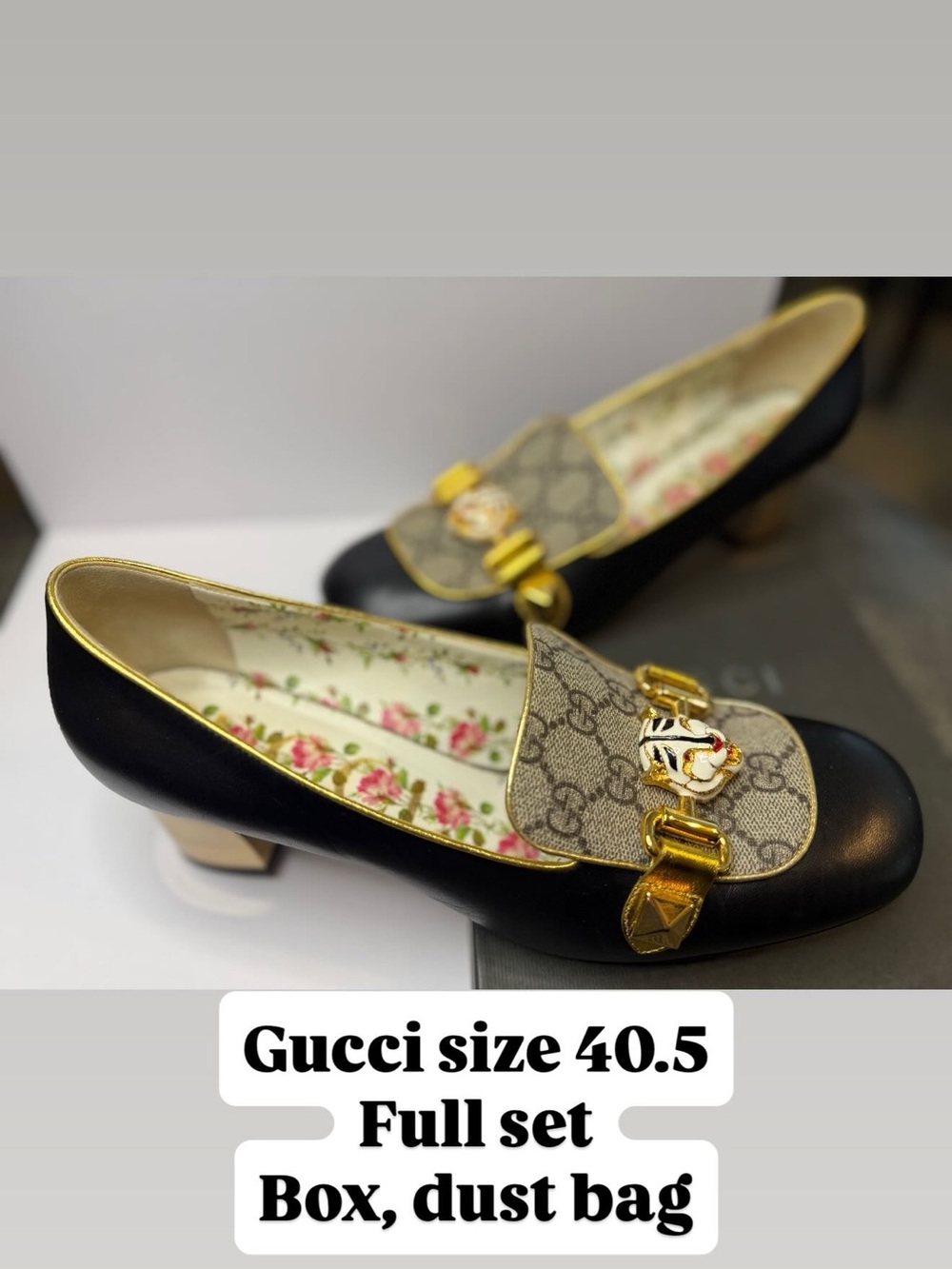 Gucci Black Leather Mid-Heel Loafers with GG Canvas and Gold Hardware